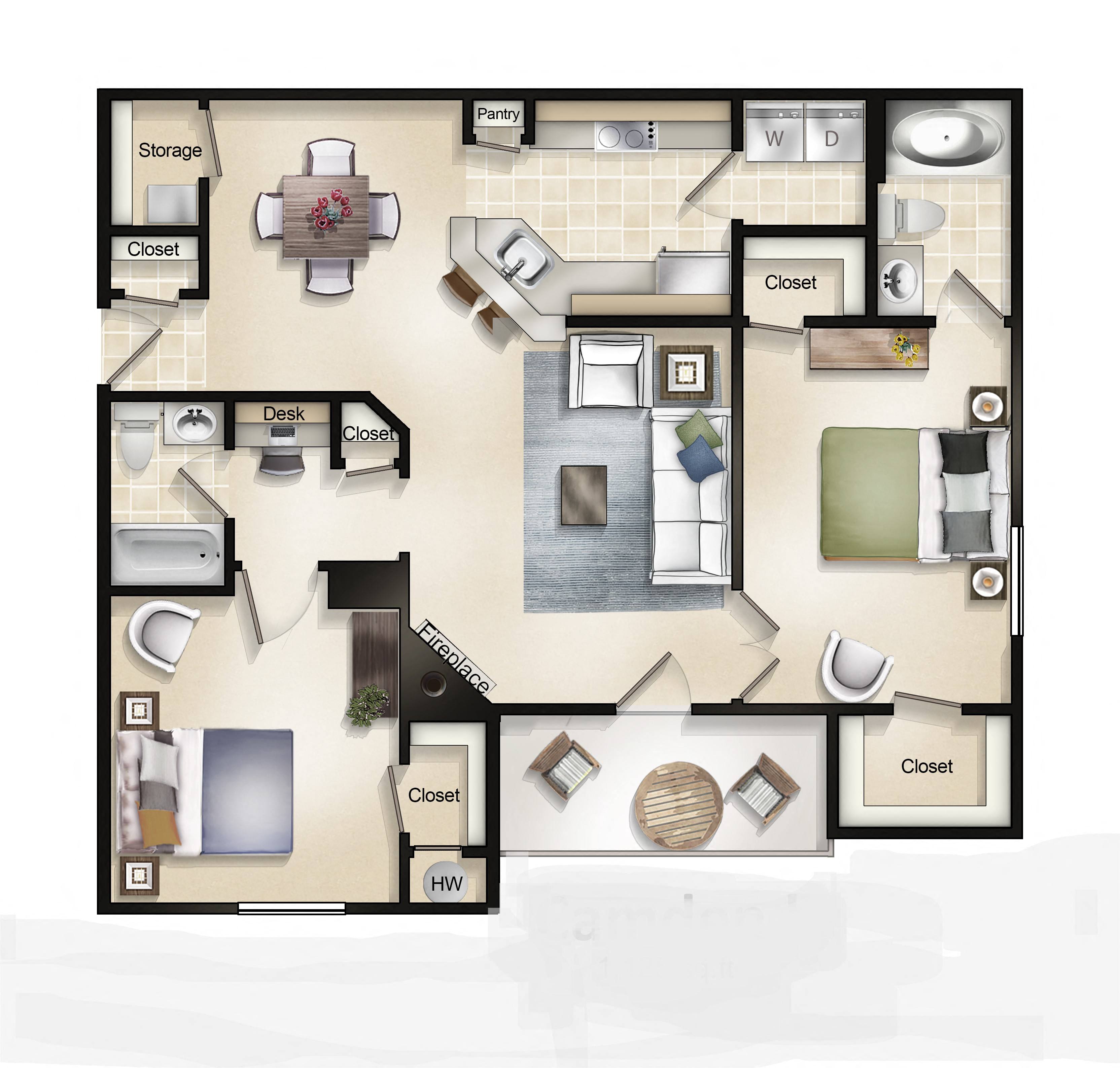 Floor plan for 2 beds, 2 baths, 1125 sqft